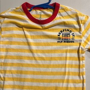 dip Yellow & White Striped Tee with Red Neck Trim and Retro Cassette Graphic